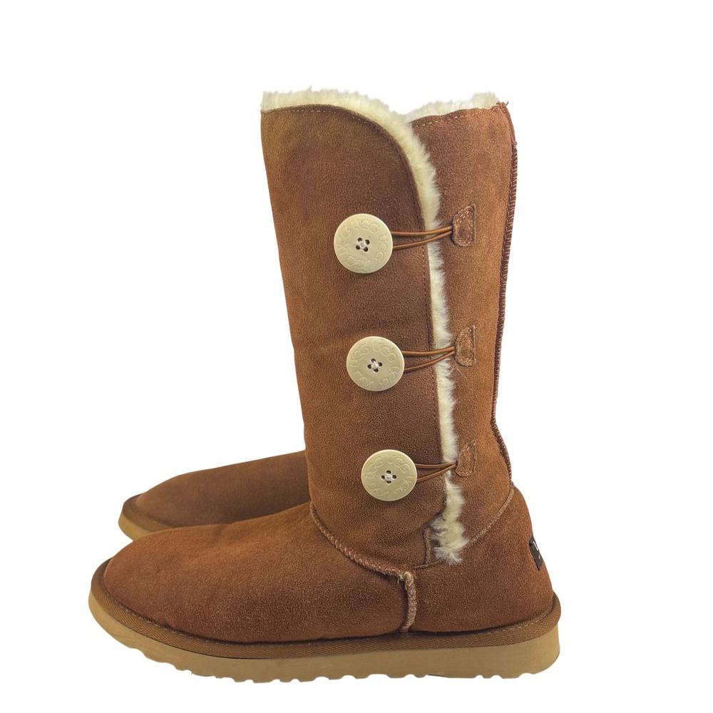 UGG Bailey Button Triplet Boots Chestnut Suede Shearling Fur Tall Women 10